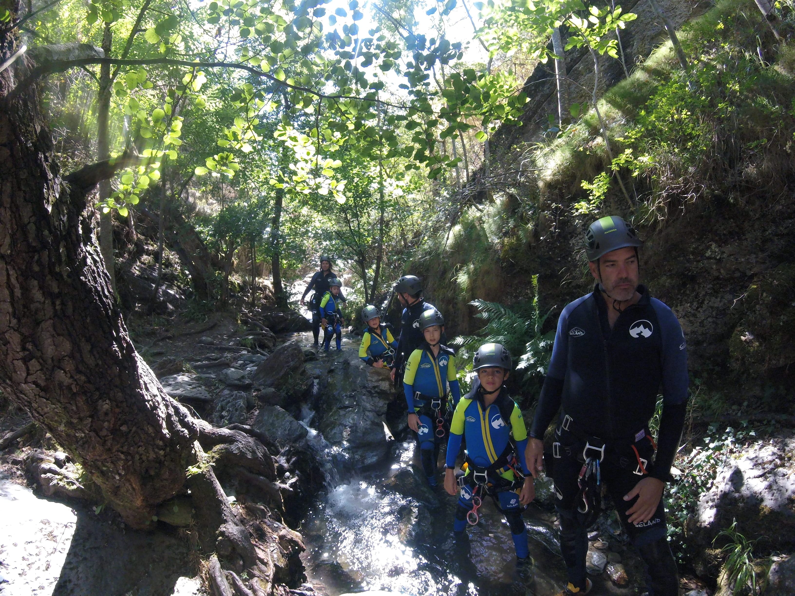 Group of adults and children walking through a wooded stream during a family canyoning route in Barranco de Berrós