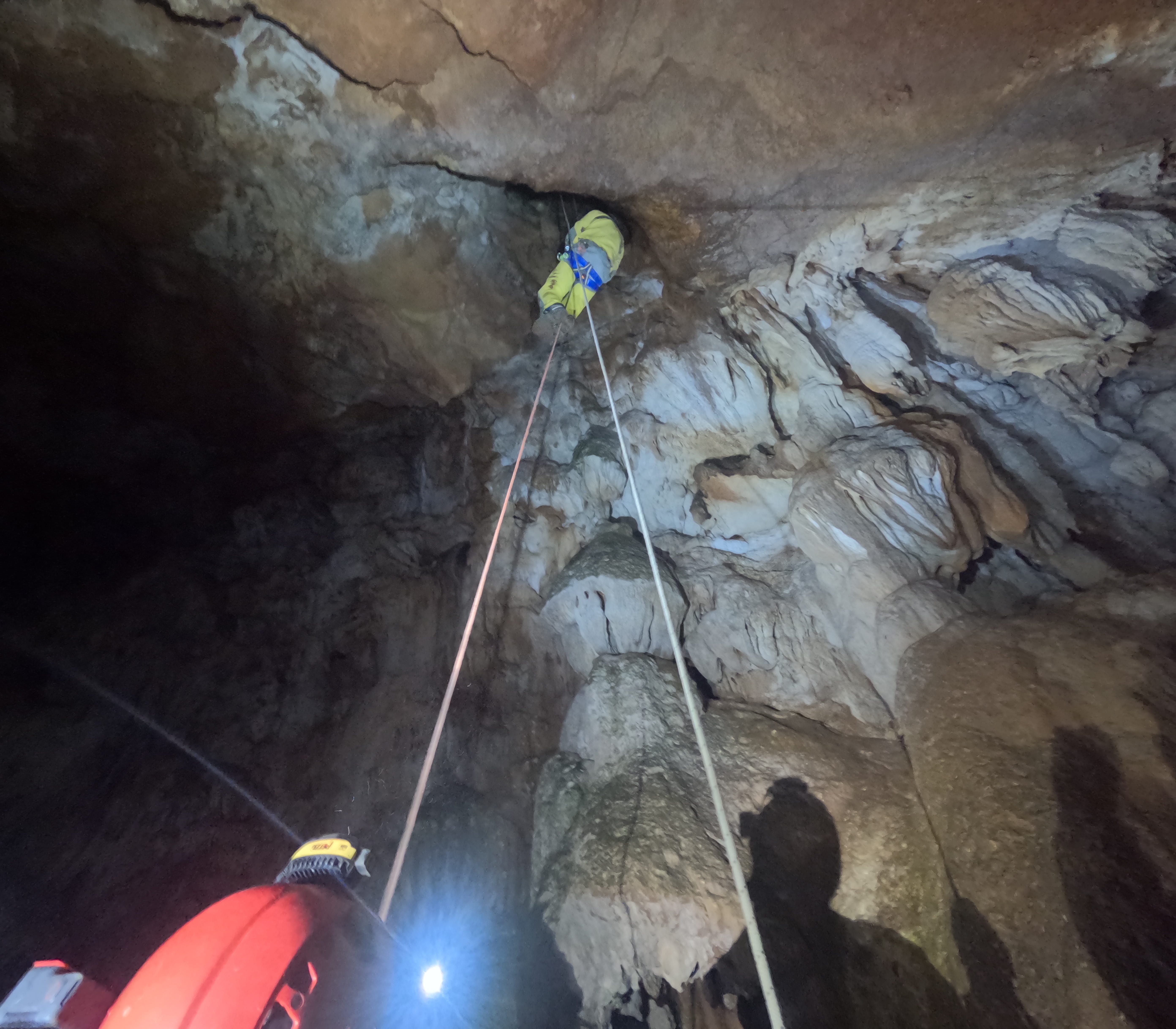 Espeleólogo ascendiendo por una cuerda junto a impresionantes coladas en el interior de la Sima Forat dels Diners