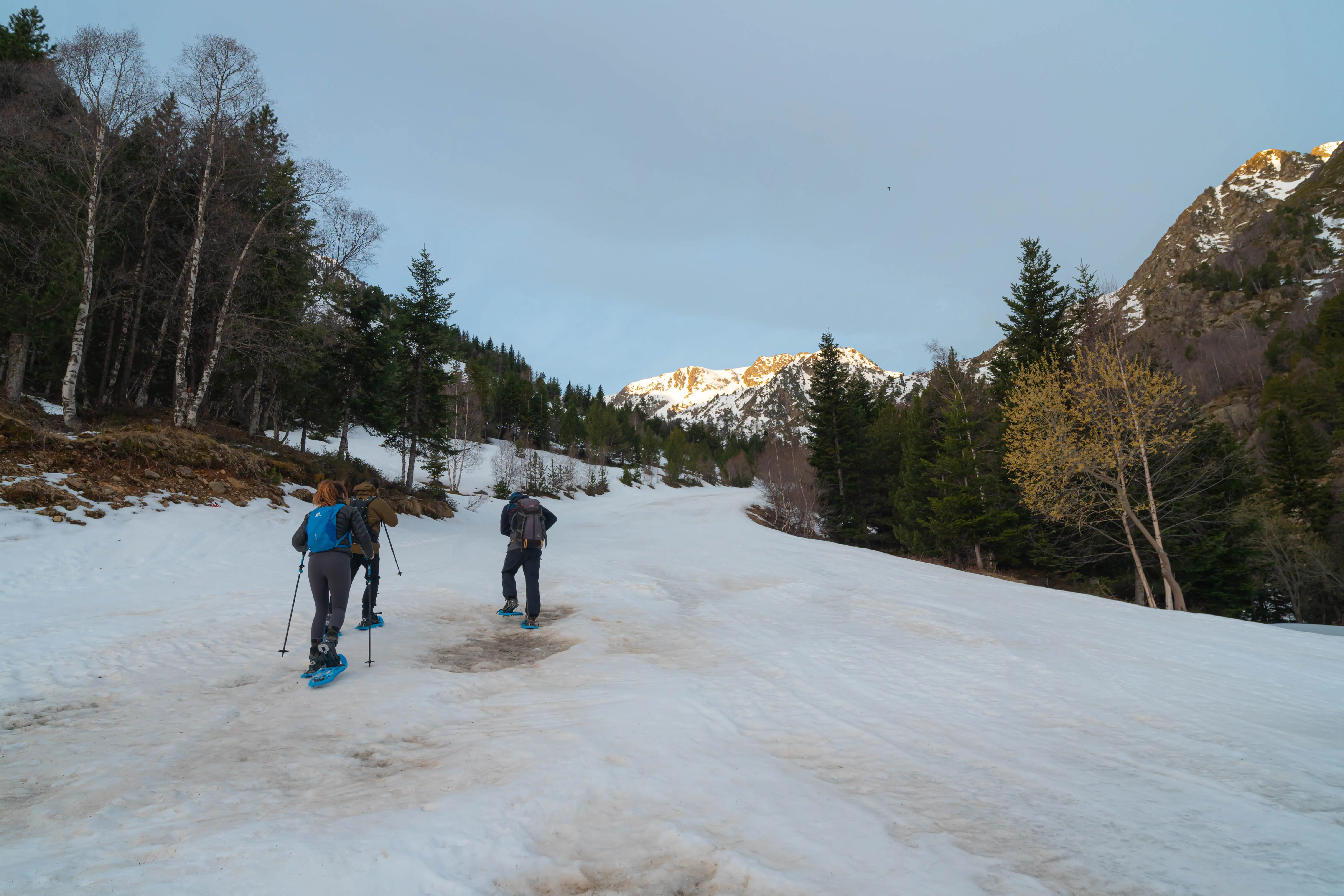 Excursionistas con raquetas ascendiendo por un valle de montaña nevado durante la ruta al Pic de la Coma del Forn