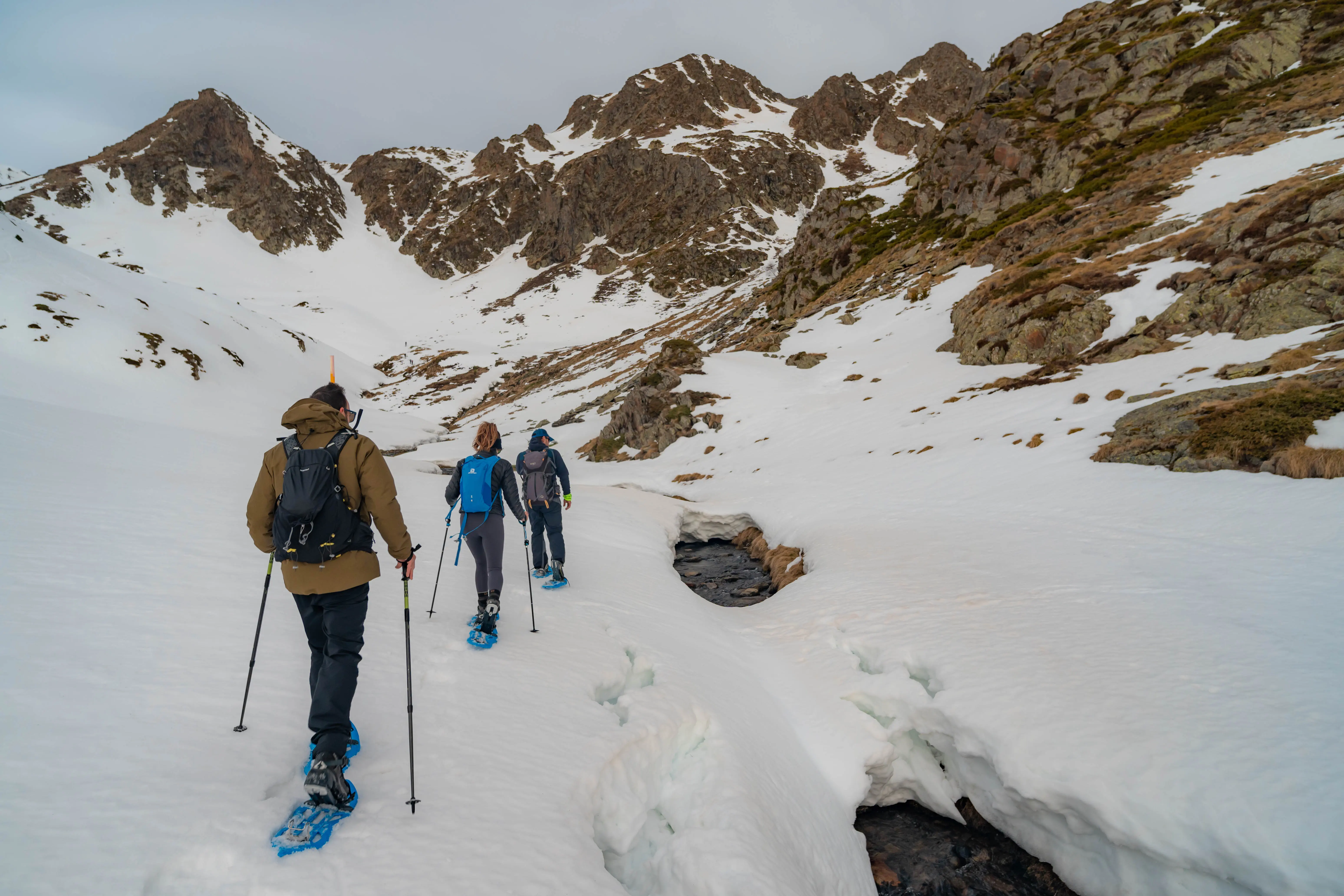 Grupo de excursionistas con raquetas ascendiendo por el paisaje nevado de los Pirineos hacia el Pic de la Coma del Forn