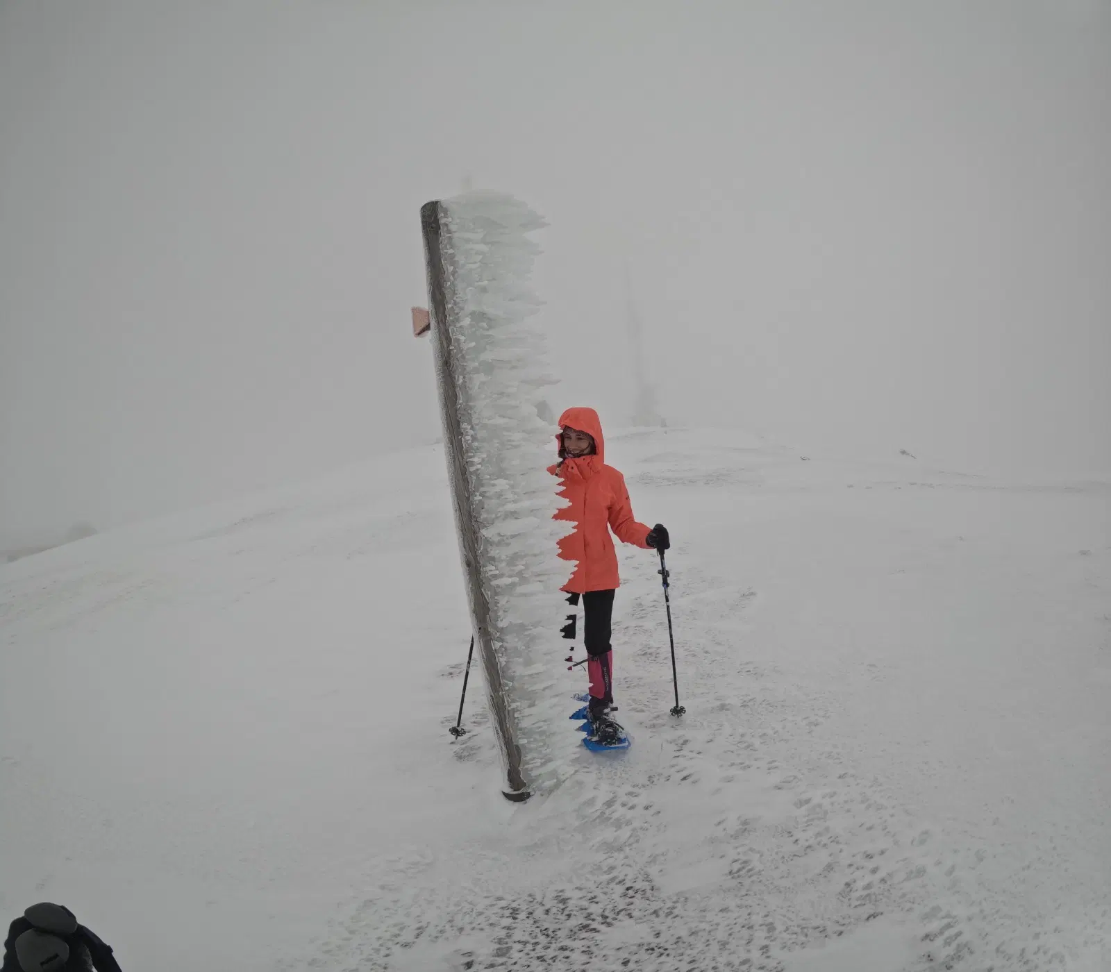 Ruta con raquetas de nieve desde Port Ainé hasta el Pic de l’Orri en condiciones invernales de niebla y hielo cerca de la cima