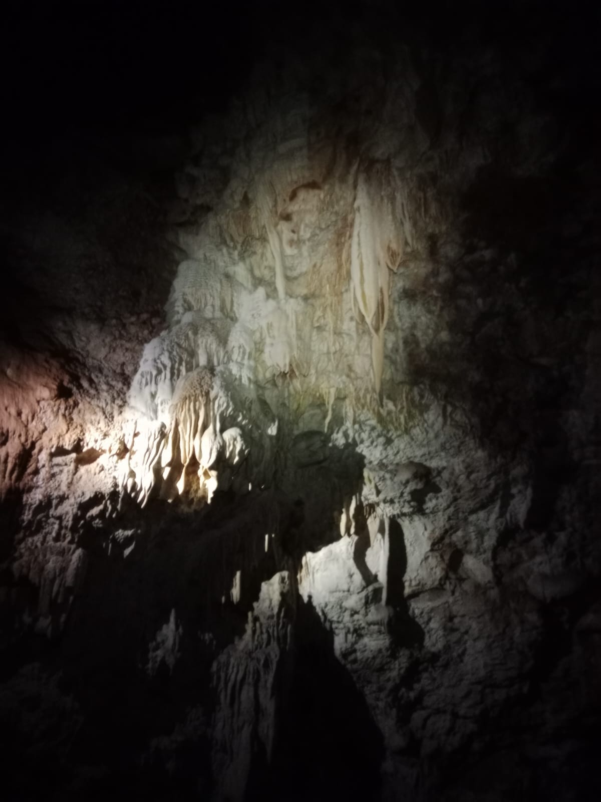 Formacions calcàries i estalactites il·luminades a l’interior de la fosca cova de la Sima del Barbuxell