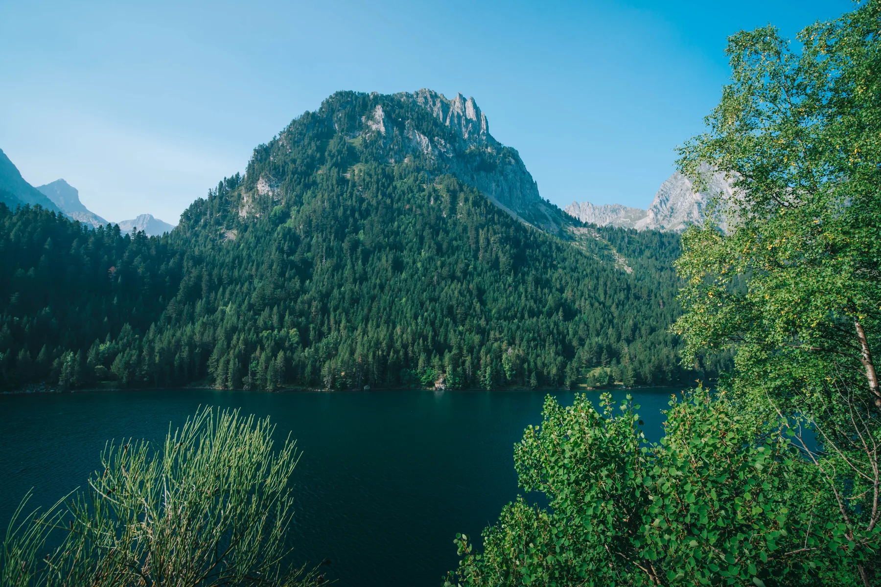 Estany de montaña rodeado de bosque y cumbres en el Parque Nacional de Aigüestortes.